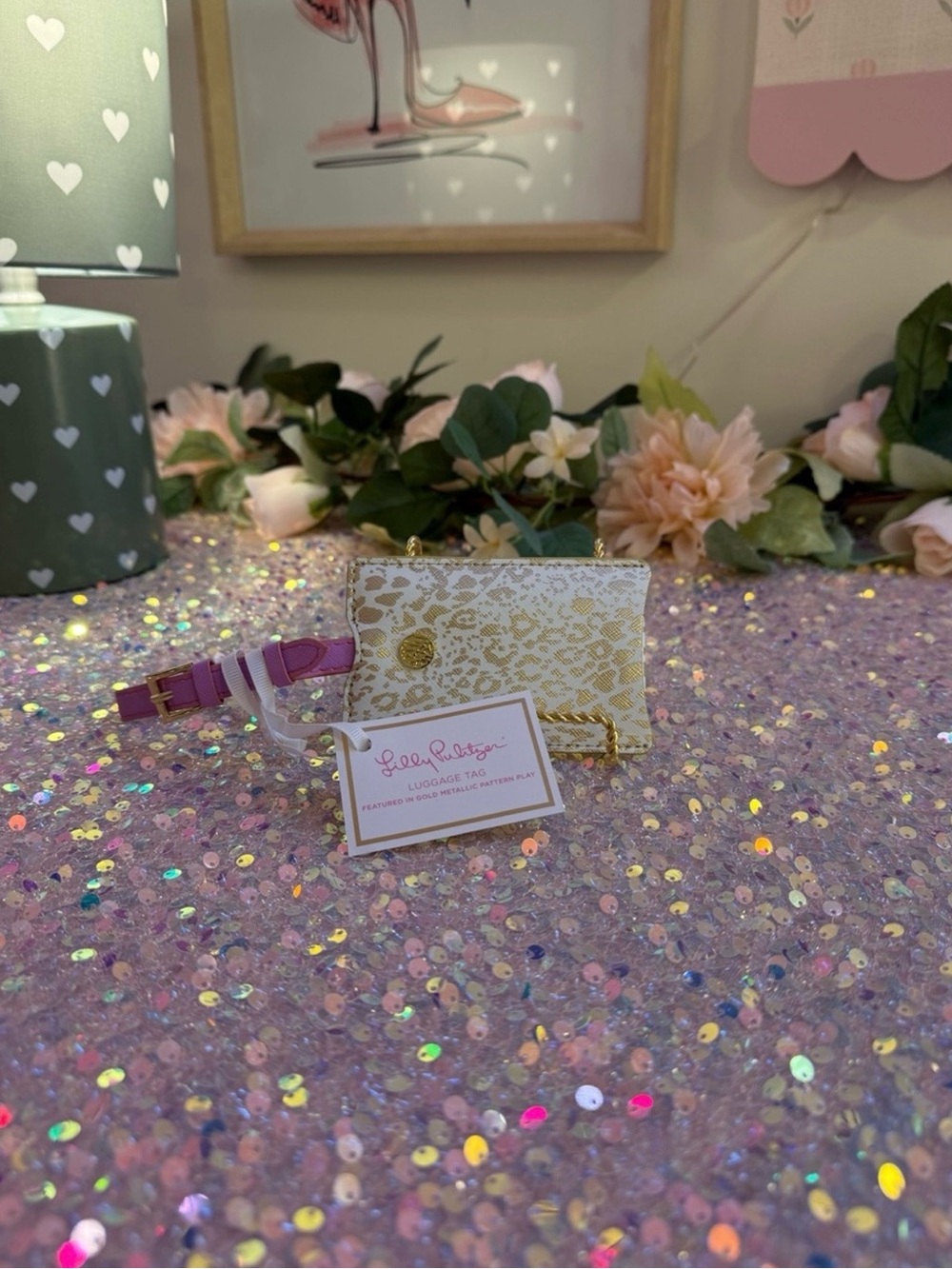 Lilly Pulitzer Gold Metallic Pattern Play Luggage Tag Pink NWT